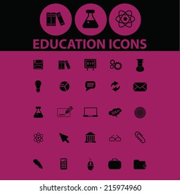 Bildung, Schule, Lernen schwarze Symbole, Zeichen, Illustrationen, Objekte Set, Vektorgrafik