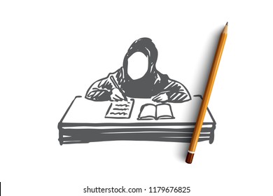 Education, school, learning, muslim, arab, child concept. Hand drawn muslim girl learning with book concept sketch. Isolated vector illustration.