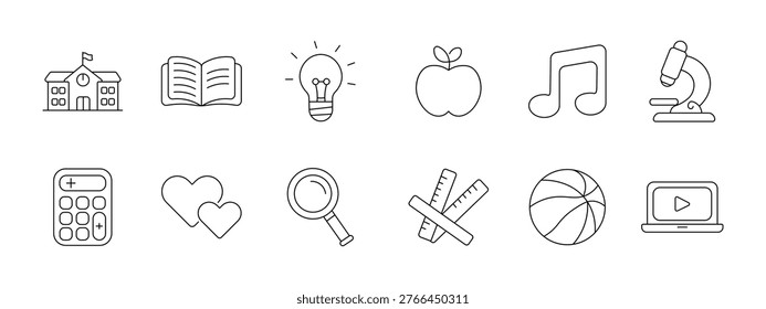 Education school learning set icon. Building book lightbulb apple music microscope calculator hearts magnifier rulers basketball laptop depict study knowledge classroom subject.