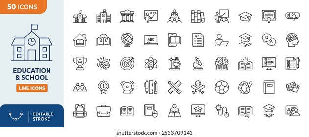 Education and School Line Editable Icons set. Education and School icons Pixel perfect. school subjects, supplies, science, and online learning. etc	
