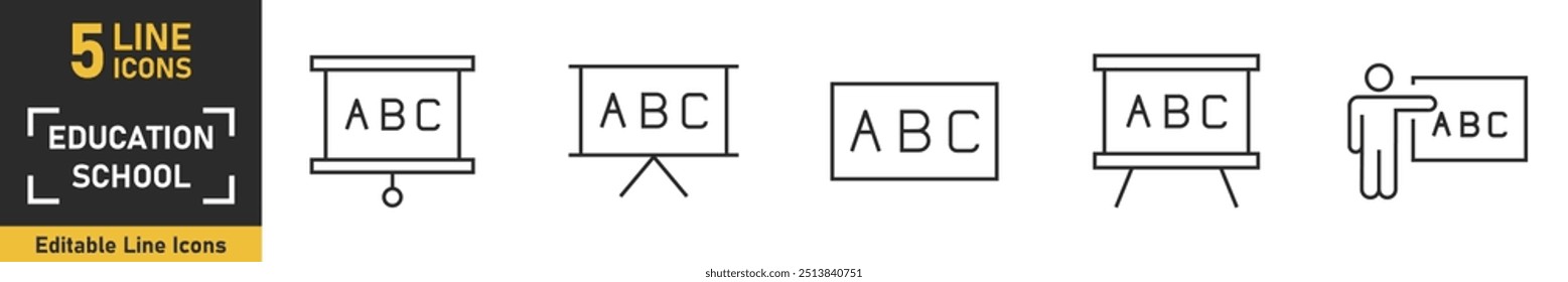 Conjunto de ícones de escola de educação. Conjunto de 5 ícones de tópicos relacionados a matérias escolares, suprimentos, aprendizagem on-line e muito mais. Ilustração vetorial.