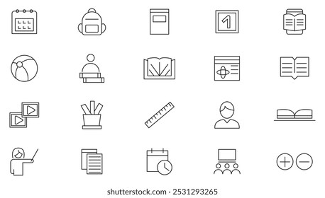 Education and School line icon set. Education, success, academic subjects, E-learning, video tutorial, knowledge, study, school, university, webinar line icon set. UI thin line icon pack.