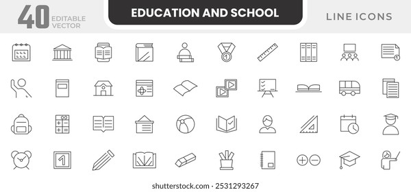 Education and School line icon set. Education, success, academic subjects, E-learning, video tutorial, knowledge, study, school, university, webinar line icon set. UI thin line icon pack.