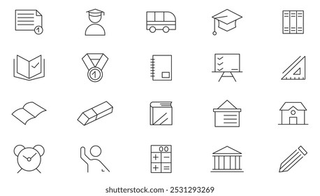 Education and School line icon set. Education, success, academic subjects, E-learning, video tutorial, knowledge, study, school, university, webinar line icon set. UI thin line icon pack.