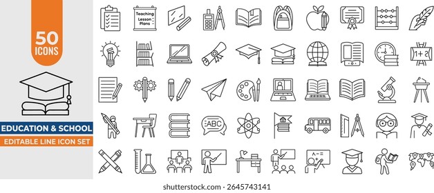 Conjunto de Ícones de Linha de Educação e Escola - Ícones de Vetor de Linha Editável para Aprendizagem, Professores, E-Learning, Livros, Formatura, Salas de Aula, Estudantes e Disciplinas Acadêmicas. Traço editável. Ilustração vetorial