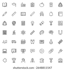 Education and School line icon set. Outline vector symbol pack includes icons like book, backpack, diploma, microscope, school, calendar, alarm clock, medal, blackboard, DNA, and more