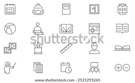 Education and School line icon set. Education, success, academic subjects, E-learning, video tutorial, knowledge, study, school, university, webinar line icon set. UI thin line icon pack.