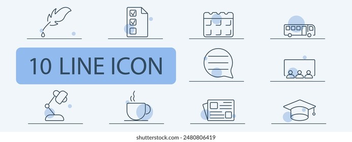 Education and school line icons set. Feather, checklist, calendar, bus, classroom, desk lamp, coffee cup, newspaper, graduation cap. Learning, teaching, academic concept