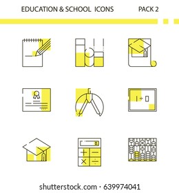 Education and school line and yellow background icon set