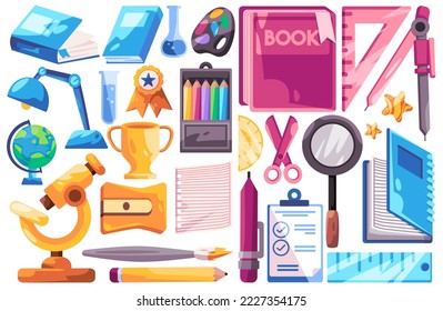 Education school object set icon from book globe pencil note color scissors ruller illustration