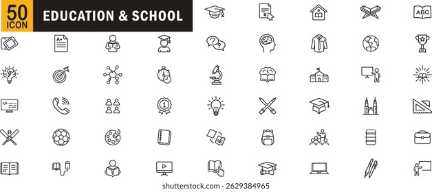 Education and school outline icon set. Learning, students, books, graduation, teaching, creativity, science, classroom, and more.