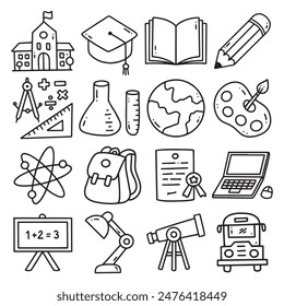 Education School Outline Line Doodle Cartoon Set