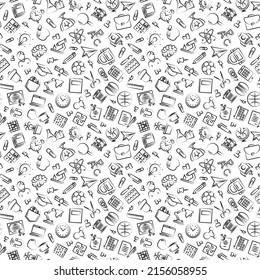 Education and school pattern with hand drawn line icons school supplies on checkered background. Vector Illustration