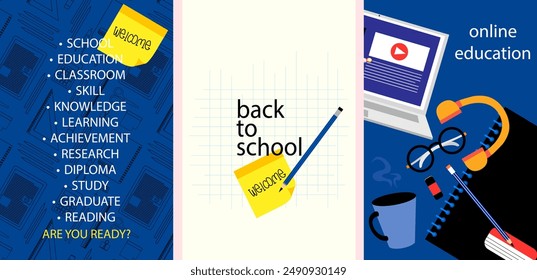 Education and school poster collection. Back to school, online education, e learning concept for graphic web design