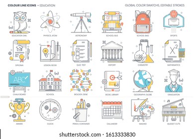 Education, school related, color line, vector icon, illustration set. The set is about education, collage, university, lesson, exam, graduation, teacher, class, book.