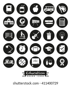 Education and school related round vector icons set. Collection of 25 symbols, negative in black circles