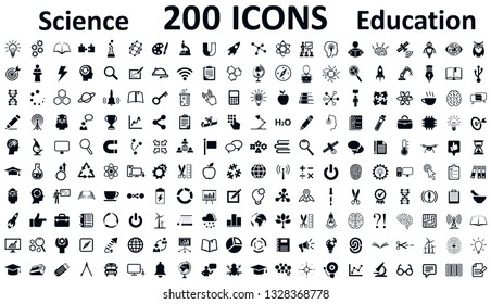 Iconos de educación, escuela, ciencia y conocimiento, 200 ilustraciones en estilo plano - vector de existencias