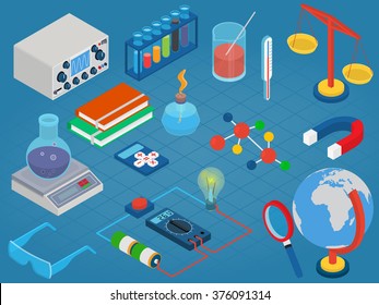 Education and School, Science research lab technology objects icon set flat 3d isometric modern design template.
