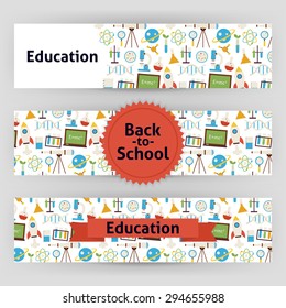 Education School and Science Template Banners Set. Modern Flat Style Design Vector Illustration Brand Identity for Knowledge Chemistry Biology Physics Astronomy Research Promotion. Colorful Pattern