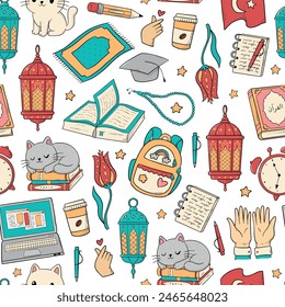 education, school seamless pattern with turkiye doodles, islamic cartoon elements, etc. Wallpaper, backgrounds, wrapping paper, decor. EPS 10