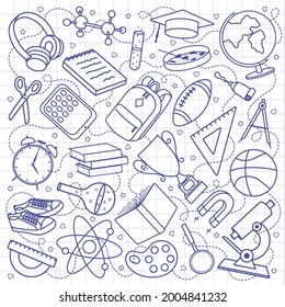 Education and school. Set of hand drawn school elements. Vector illustration in doodle style isolated on white background.