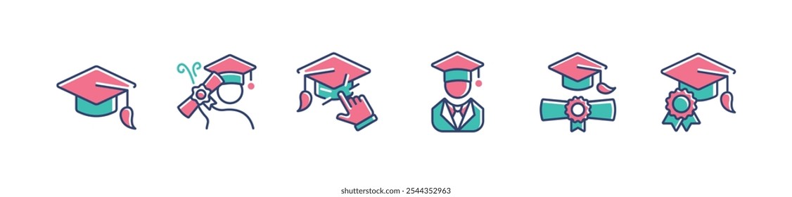 education school student graduation hat icon set college academy success diploma achievement with certificate scroll ceremony signs vector illustration