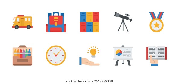 education school student study teacher teaching icons. flat color style icon set