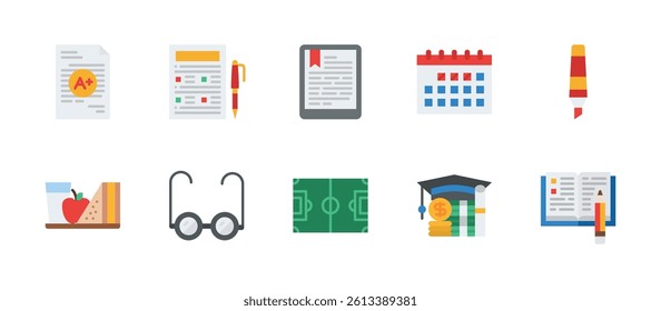 education school student study teacher teaching icons. flat color style icon set