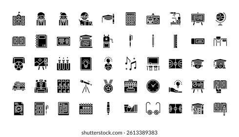 education school student study teacher teaching icons. solid glyph style icon set