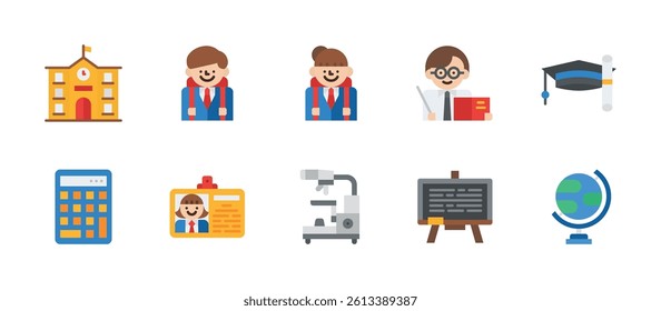 education school student study teacher teaching icons. flat color style icon set