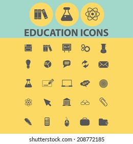 education, school, study, learning black flat icons, signs, symbols set, vector