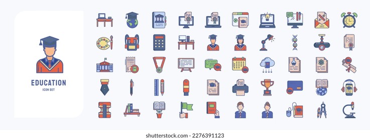 Education and School study material icon set including icons like Student, printer, table, bag and more
