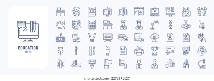 Education and School study material icon set including icons like Student, printer, table, bag and more
