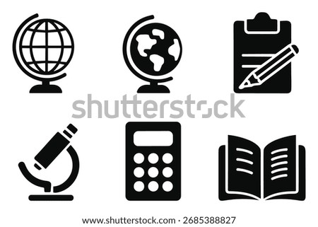 Education and School Subject Vector Icon Set. A collection of black science and math vector glyphs.