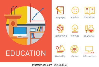 Education School Subjects Vector Flat Fill and Stroke Icon Set