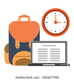 Education and school supplies backpack and laptop with clock cartoons vector illustration graphic design