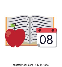 Education and school supplies book and apple with calendar cartoons vector illustration graphic design