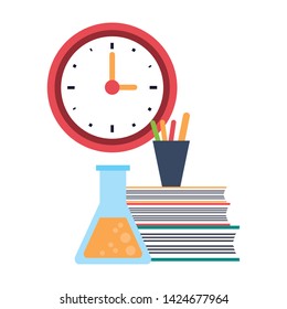Education and school supplies books and flask with clock cartoons vector illustration graphic design