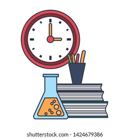 Education and school supplies books and flask with clock cartoons vector illustration graphic design