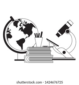 Education and school supplies books and microscope with world globe cartoons vector illustration graphic design