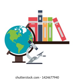 Education and school supplies books in shelf world globe and microscope cartoons vector illustration graphic design