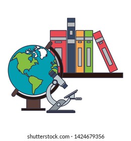 Education and school supplies books in shelf world globe and microscope cartoons vector illustration graphic design