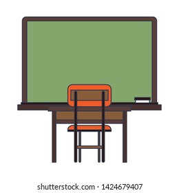 Education and school supplies desk and chair with blackboard cartoons vector illustration graphic design