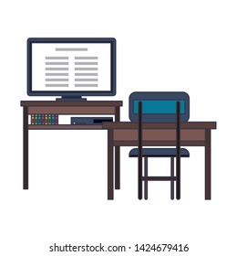 Education and school supplies desk and chairs with computer cartoons vector illustration graphic design