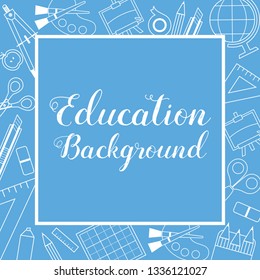 Education School Supplies Lined Icon Stuff Square Banner Blue Background Vector Illustration