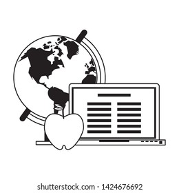 Education and school supplies world globe laptop and apple cartoons vector illustration graphic design