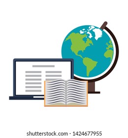 Education and school supplies world globe book and laptop cartoons vector illustration graphic design