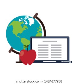 Education and school supplies world globe laptop and apple cartoons vector illustration graphic design