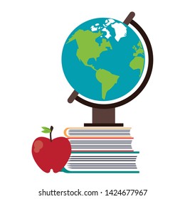 Education and school supplies world globe and books with apple cartoons vector illustration graphic design