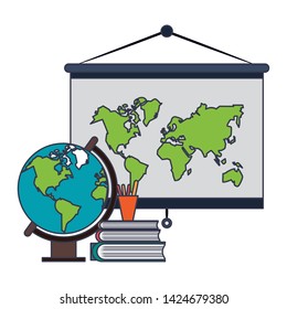 Education and school supplies world map and globe with books cartoons vector illustration graphic design